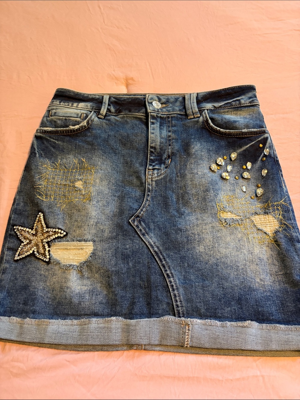 Guess Blue Denim Mini Skirt with Star Patch and Rhinestones